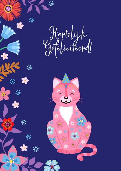 Kleurrijke en vrolijke kat verjaardagskaart met bloemen 2