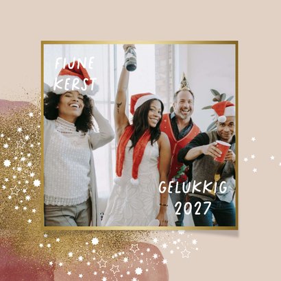 Kleurrijke kerstkaart fotocollage waterverf strik goud 2