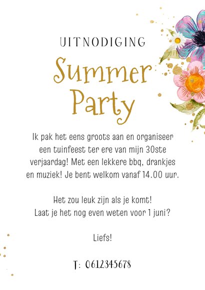 Kleurrijke uitnodiging Summer Party bloemen watercolor goud 3