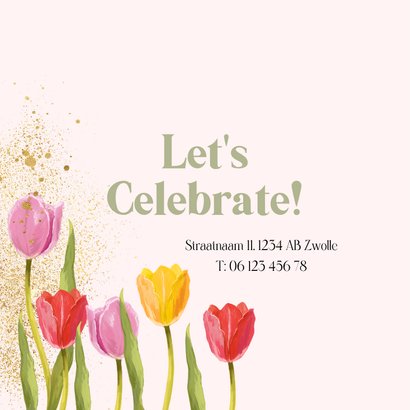 Kleurrijke uitnodigingskaart tuinfeest tulpen foto goud 2