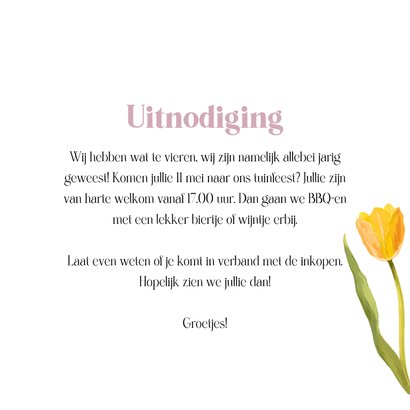 Kleurrijke uitnodigingskaart tuinfeest tulpen foto goud 3