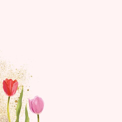 Kleurrijke uitnodigingskaart tuinfeest tulpen foto goud Achterkant
