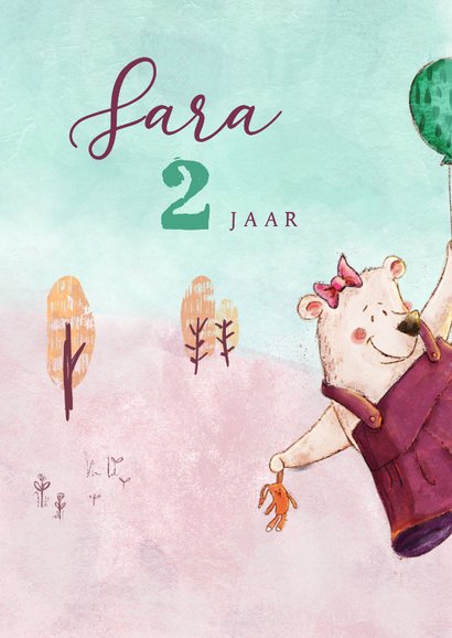 Kleurrijke verjaardagskaart beer en konijn en ballon 2