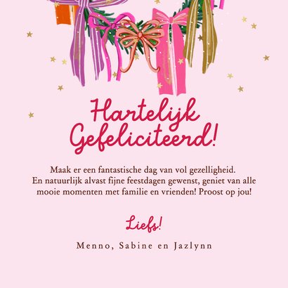 Kleurrijke verjaardagskaart Bow-ho-ho krans strikken goud 3