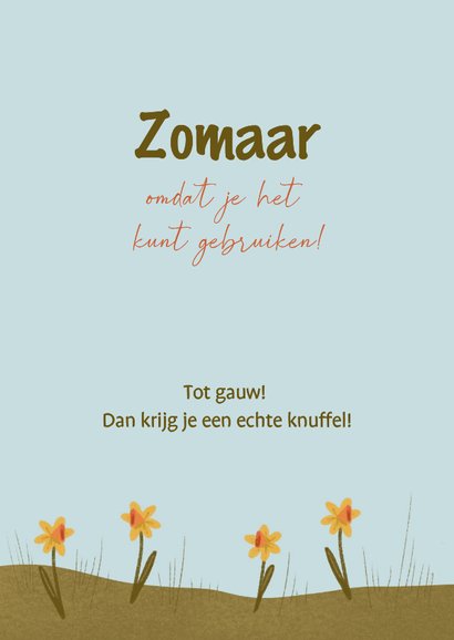 Knuffelkaart hond en narcissen om zomaar te versturen 3