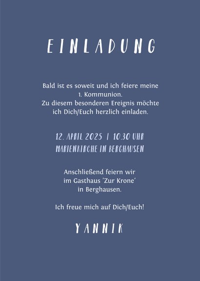 Kommunionskarte eigenes Foto Kreuz blau Farbspritzer 3