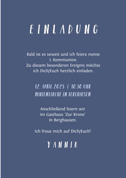 Kommunionskarte eigenes Foto Kreuz blau Farbspritzer 3