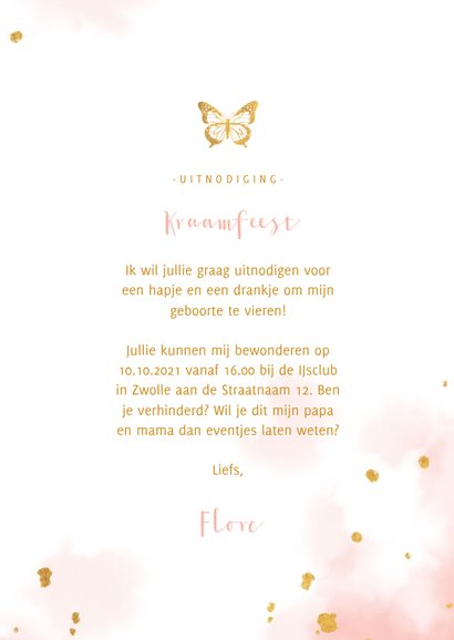 Kraamfeest uitnodiging vlinder goud met waterverf 3