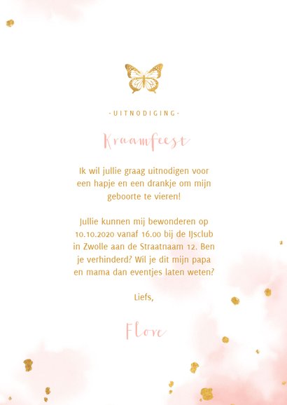 Kraamfeest uitnodiging vlinder goud met waterverf 3