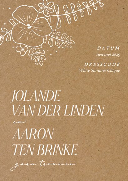 Kraftlook trouwkaart met witte lijnillustraties van bloemen 2