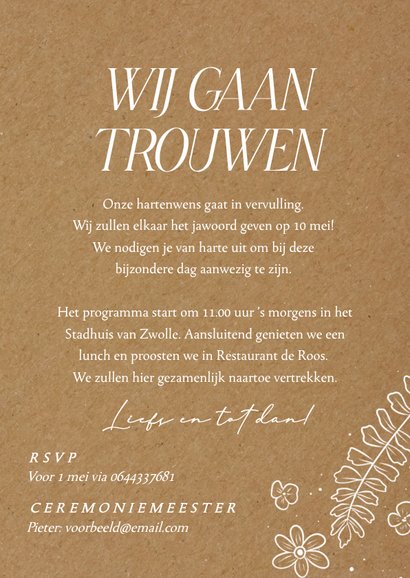 Kraftlook trouwkaart met witte lijnillustraties van bloemen 3