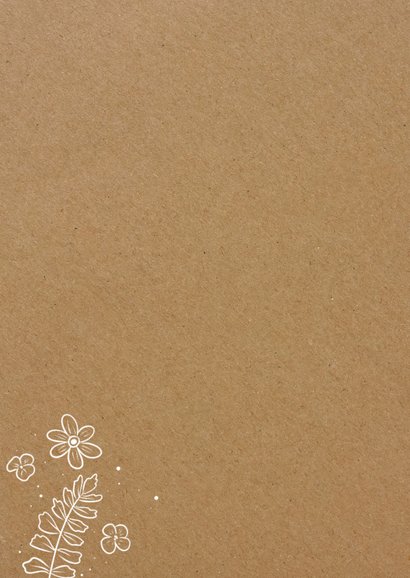 Kraftlook trouwkaart met witte lijnillustraties van bloemen Achterkant