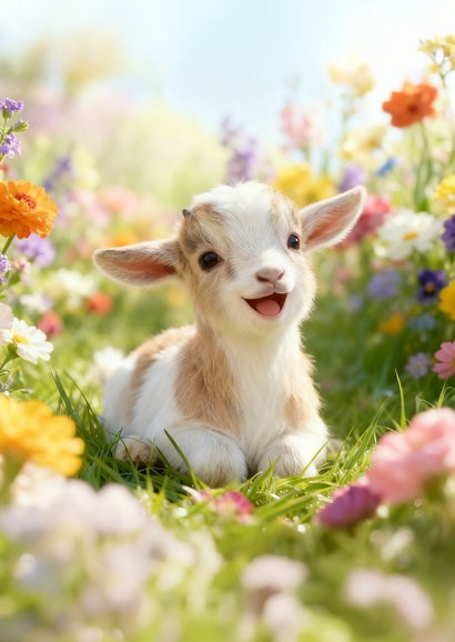 Lente verjaardagskaartje klein geitje en vrolijke bloemen 2