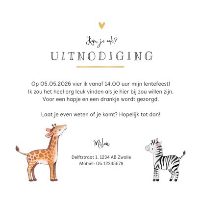 Lentefeest giraf zebra hartjes goud lief uitnodiging 3