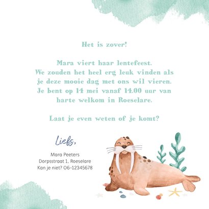 Lentefeest uitnodiging dieren walrus pinguïn krab schelp 3