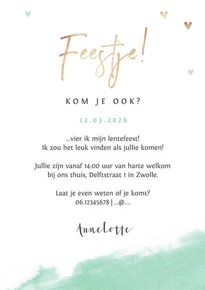 Lentefeest uitnodigingskaart meisje gouden hartjes waterverf 3