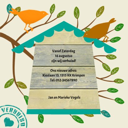 Leuk verhuisbericht met vogelhuis en vogels op takken 3