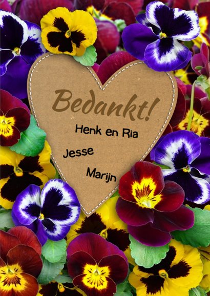Leuke bedankkaart met kleurige violen en eigen foto 3