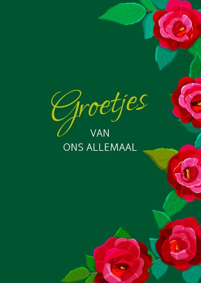Leuke bloemenkaart met rode rozen op donkere ondergrond 3