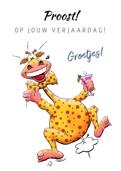 Leuke felicitatiekaart met giraf met gele strik en proost 3