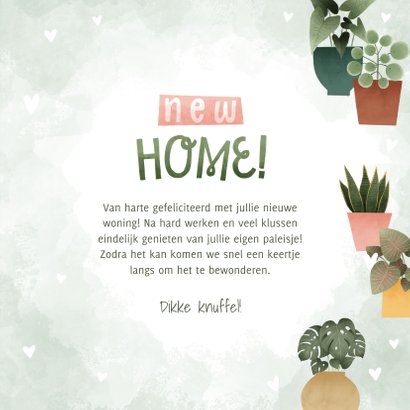 Leuke felicitatiekaart new home met plantjes en hartjes 3