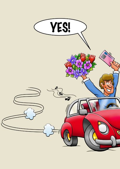 Leuke geslaagd kaart voor man rode auto rijbewijs en bloemen 3