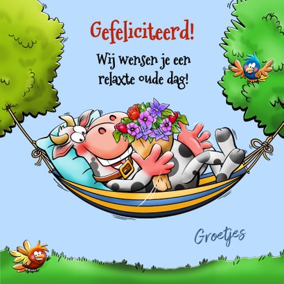 Leuke kaart met koe in hangmat, die met pensioen gaat 3