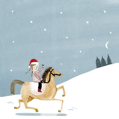 Leuke kerstkaart merrie christmas paard en meisje in sneeuw 2