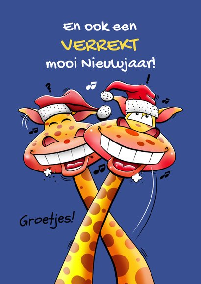 Leuke kerstkaart met giraffen met verdraaide nekken 3