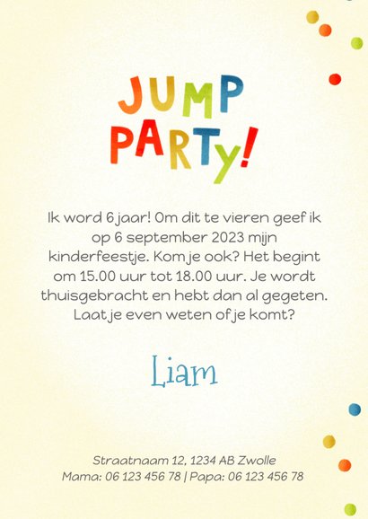 Leuke kinderfeestjekaart jump party met dino's en confetti 3