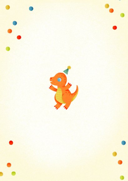 Leuke kinderfeestjekaart jump party met dino's en confetti Achterkant