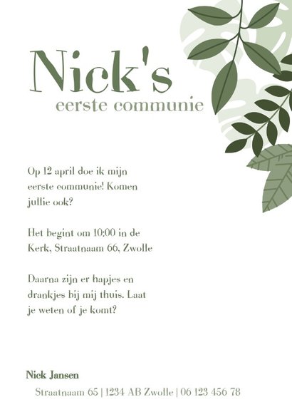 Leuke uitnodiging eerste communie met beer en plantjes 3
