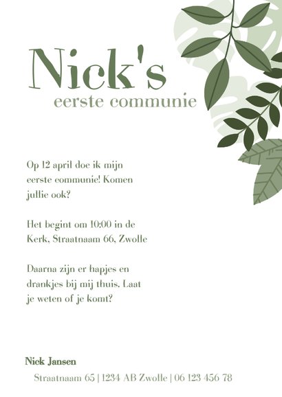 Leuke uitnodiging eerste communie met beer en plantjes 3