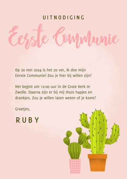 Leuke uitnodiging eerste communie met cactussen en waterverf 3