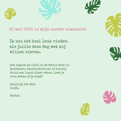 Leuke uitnodiging eerste communie monstera blaadjes 3