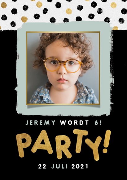 Leuke uitnodiging kinderfeestje met confetti, foto en party! 2