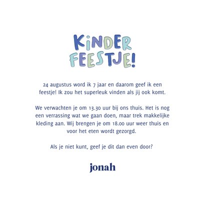 Leuke uitnodiging kinderfeestje met speelse letters blauw 3