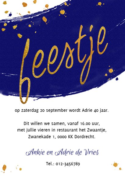 Leuke uitnodiging met veeg en gouden druppels 3