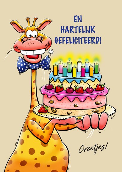 Leuke verjaardagskaart met giraf en strikje. Alweer jarig! 3