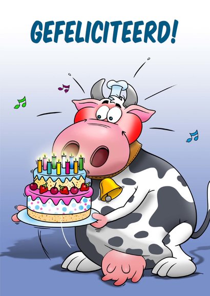 Leuke verjaardagskaart met grappige koe en taart 3