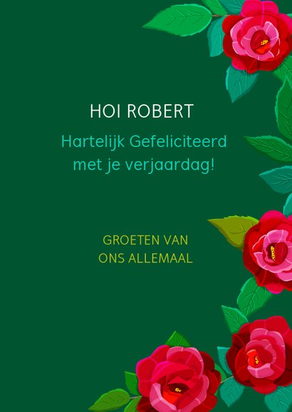 Leuke verjaardagskaart met rode rozen op donker 3