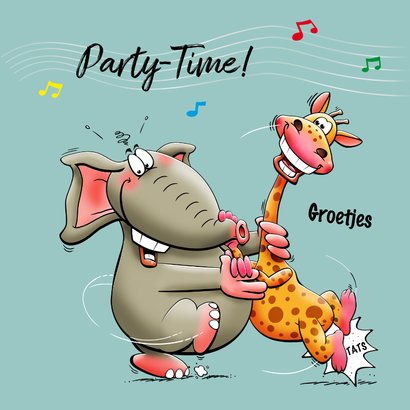 Leuke verjaardagskaart Party Time met giraf en olifant 3