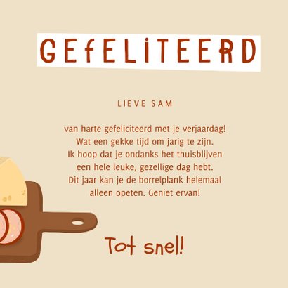Leuke verjaardagskaart worst kaas scenario plankje afgelast 3