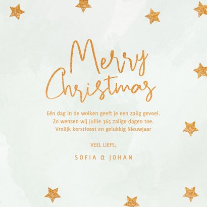 Licht groene kerstkaart met koperen glitter sterren en tekst 3