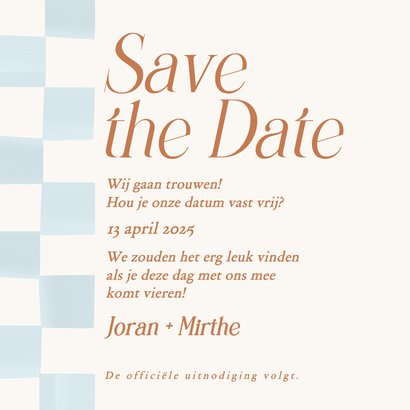 Lichtblauw geblokte save the date kaart bruiloft koper Achterkant