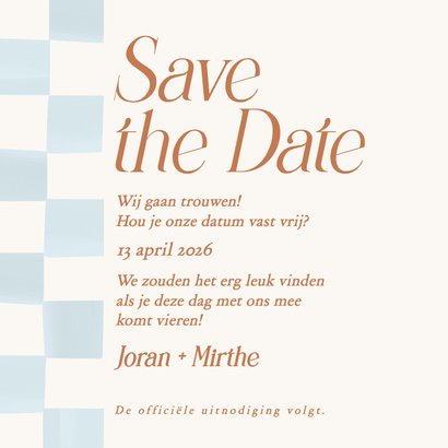 Lichtblauw geblokte save the date kaart bruiloft koper Achterkant