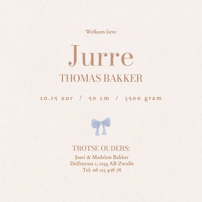 Lief beige geboortekaartje met teddybeer blauwe strik jongen 3