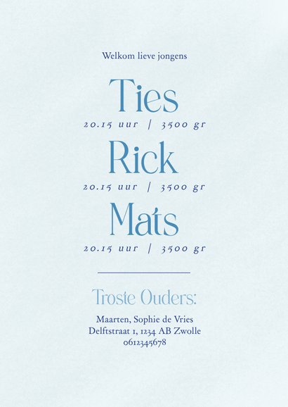 Lief blauw geboortekaartje meerling met zeepaardjes 3