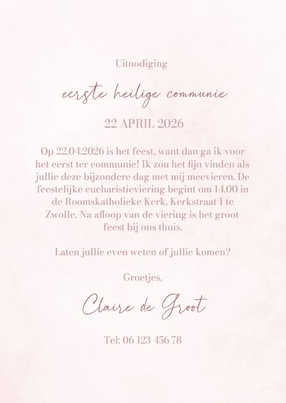 Lief communiekaartje met foto en roze strik waterverf 3