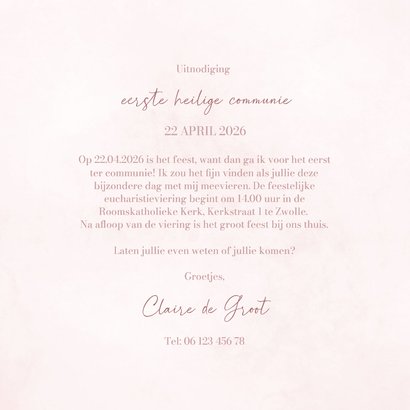 Lief communiekaartje met roze strik waterverf 3